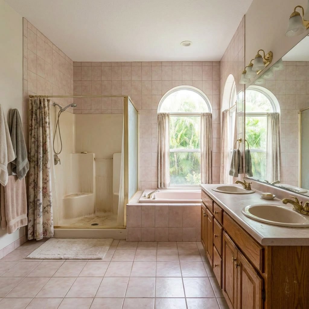 Before: Outdated bathroom with pink tile, dated vanity, and old fixtures in Boca Raton, FL