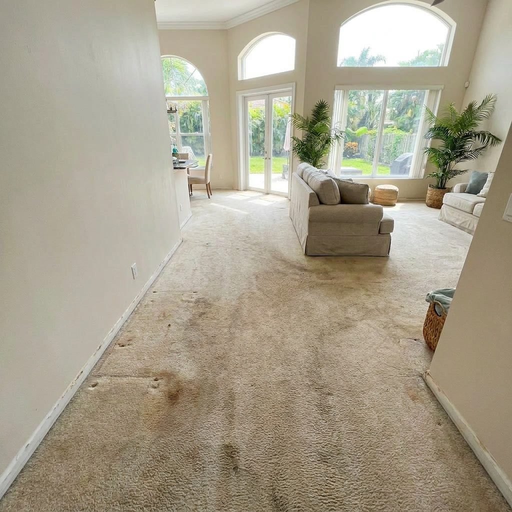 Before: Worn stained beige carpet in need of replacement in Coral Springs, FL