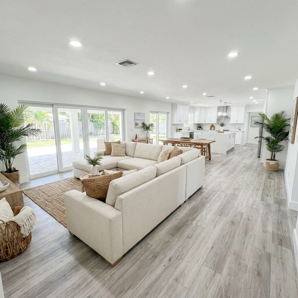 After: Open-plan living area renovation with LVP flooring, white walls, recessed lighting, and open kitchen in Pembroke Pines, FL