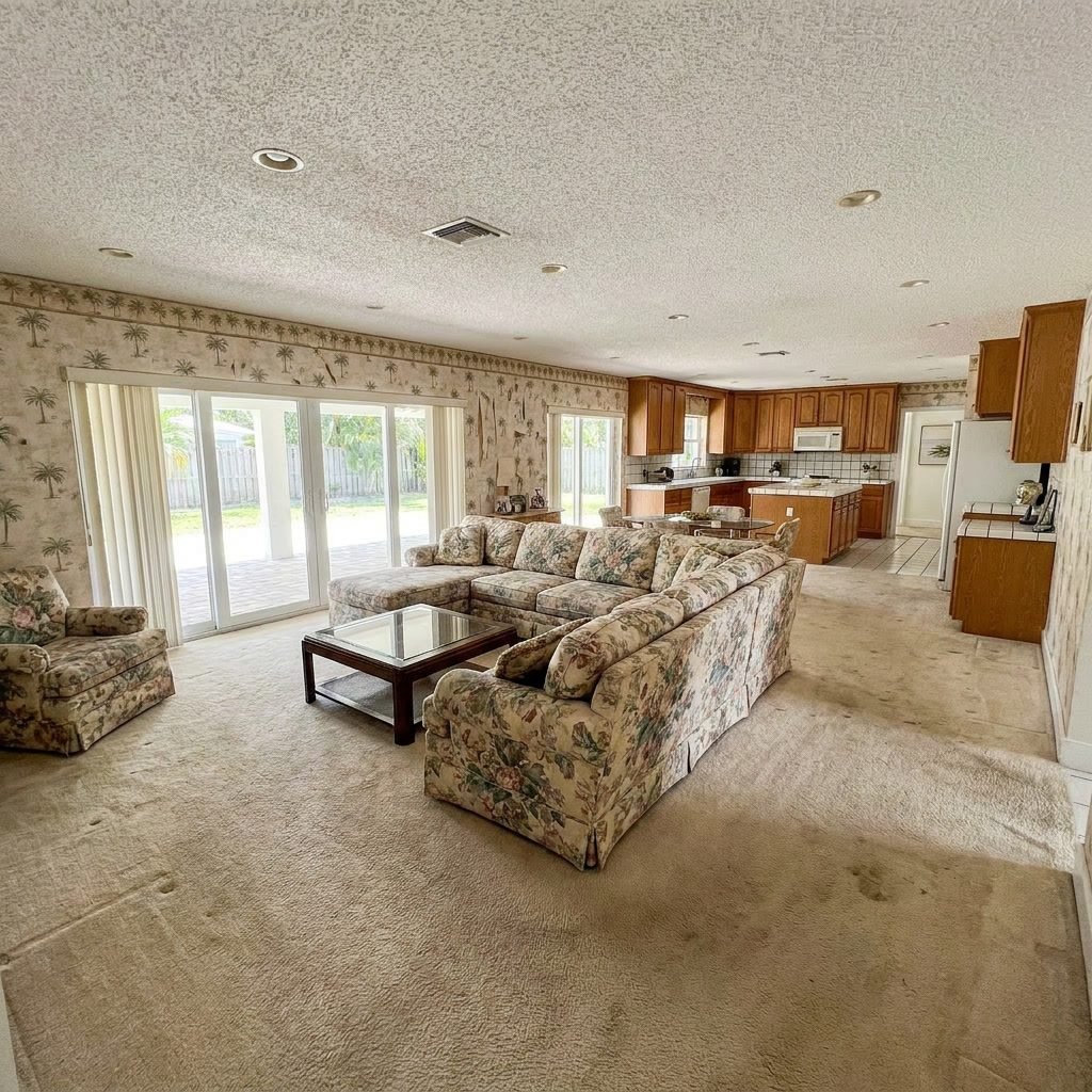 Before: Dated living room with carpet, popcorn ceiling, old wallpaper, and tired furnishings in Pembroke Pines, FL