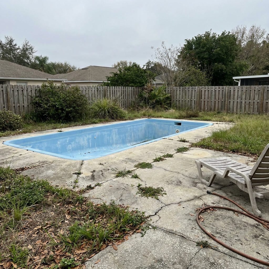 Before: Old dated in-ground pool with cracked concrete deck, weeds, and weathered wooden fence in Jupiter, FL