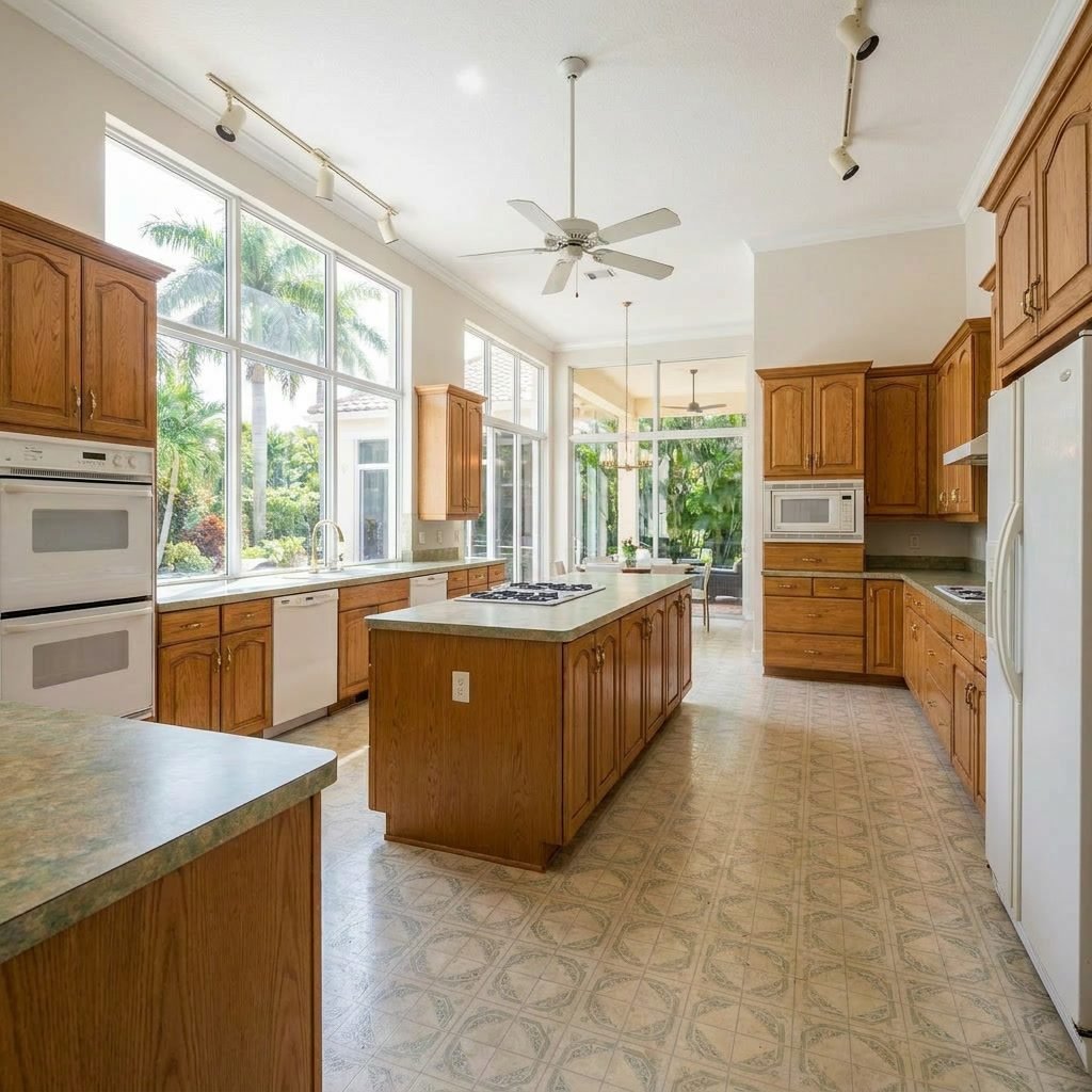 Before: Dated oak kitchen with laminate countertops and old appliances in Fort Lauderdale, FL