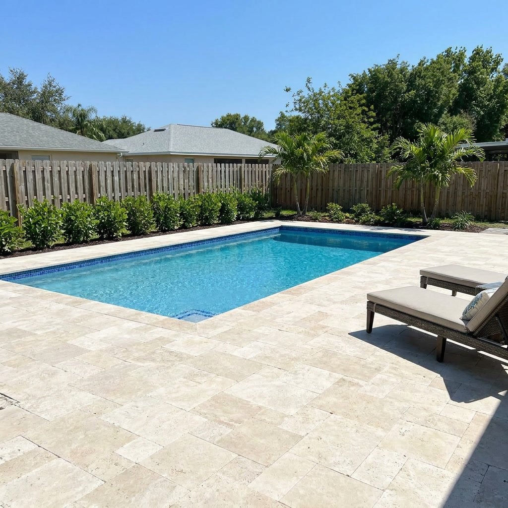After: Renovated backyard swimming pool with refinished blue water, new stone coping, travertine paver deck, tropical landscaping, and lounge chairs at a single-story Florida home in Jupiter, FL