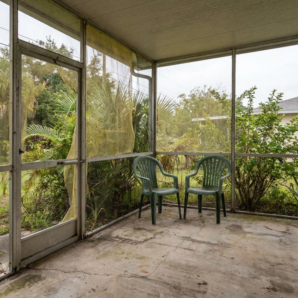 Before: Dated screened-in porch with rusty aluminum screen frame, cracked concrete slab, and faded plastic patio chairs in Wellington, FL